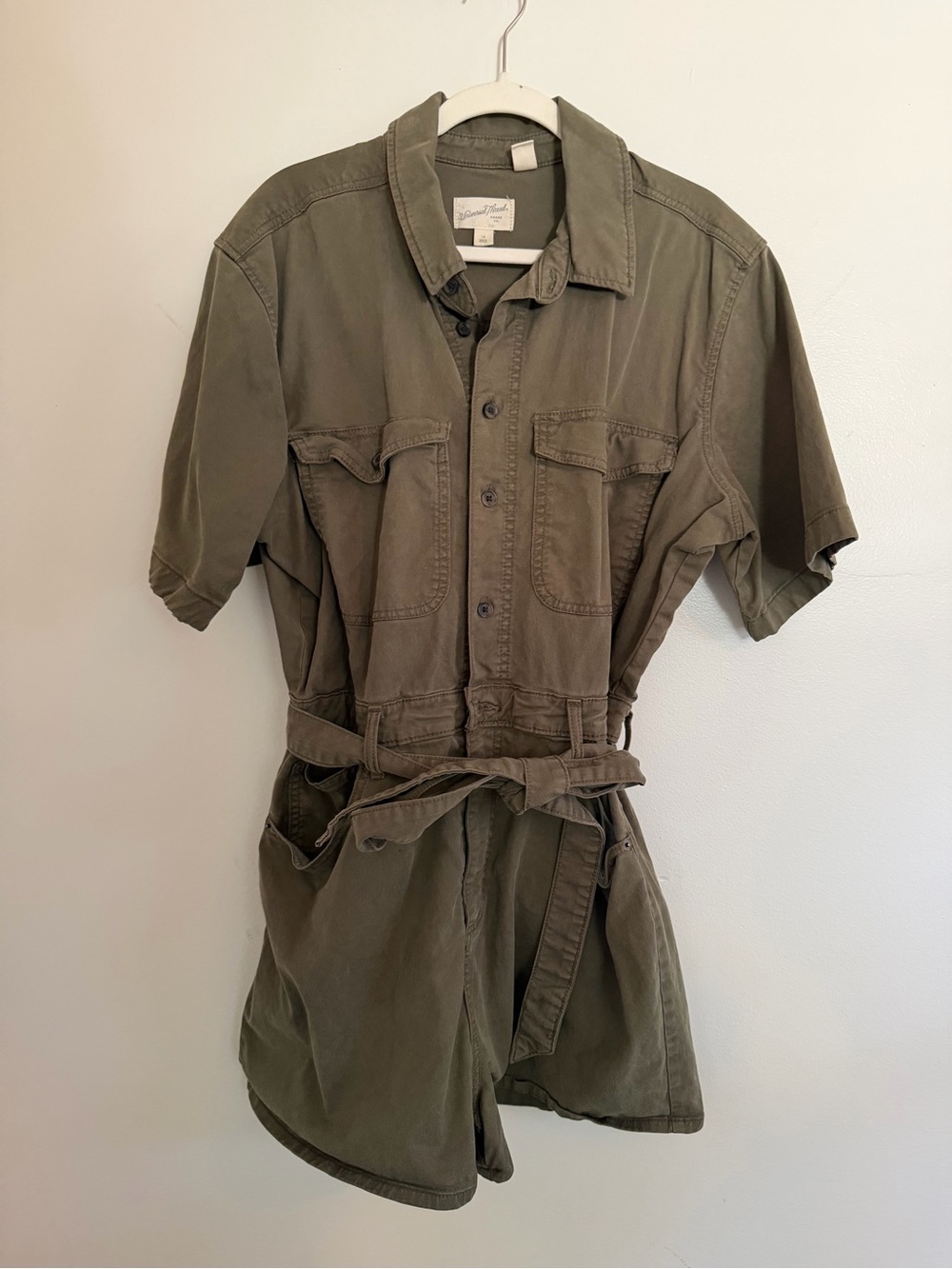 Universal Thread Button-Front Utility Romper in Olive